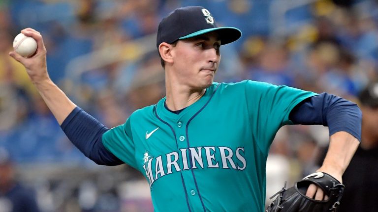 Seattle Mariners' George Kirby pitches against the Tampa Bay Rays during the third inning of Wednesday's game, June 26, 2024. (AP Photo/Steve Nesius)