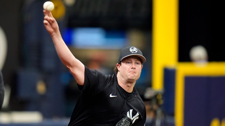 New York Yankees pitcher Gerrit Cole throws a bullpen session before a baseball game against the Tampa Bay Rays, Saturday, May 11, 2024, in St. Petersburg, Fla. (AP Photo/Chris O'Meara)