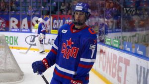 Ivan Demidov in action for SKA St. Petersburg during the KHL regular season against Spartak Moscow at the Ice Sports Palace. (Photo by Maksim Konstantinov/SOPA Images/LightRocket via Getty Images)