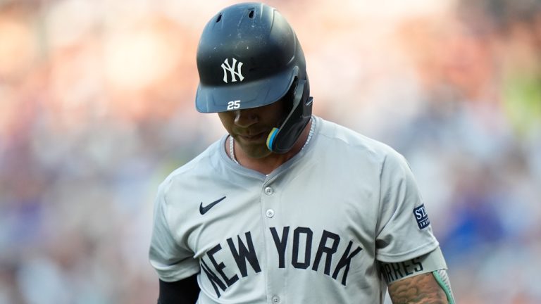 New York Yankees' Gleyber Torres reacts after striking out during the first inning of a game against the New York Mets, June 25, 2024. (AP Photo/Frank Franklin II)