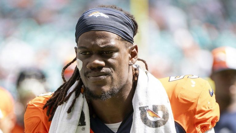 Denver Broncos linebacker Randy Gregory walks off the field at the the end of the first half of an NFL football game against the Miami Dolphins, Sunday, Sept. 24, 2023, in Miami Gardens, Fla. (Doug Murray/AP Photo)
