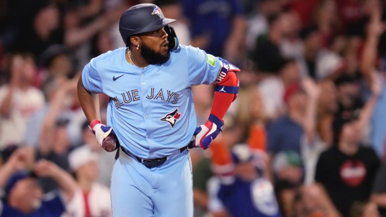 Toronto Blue Jays' Vladimir Guerrero Jr. watches the flight of his three-run home run during the seventh inning of a baseball game against the Boston Red Sox at Fenway Park, Monday, June 24, 2024, in Boston. (Charles Krupa/AP)