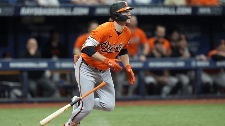 Baltimore Orioles' Gunnar Henderson watches his three-run home run off Tampa Bay Rays relief pitcher Phil Maton during the ninth inning of a baseball game Saturday, June 8, 2024, in St. Petersburg, Fla. (Chris O'Meara/AP Photo)
