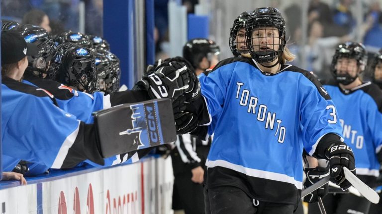 Toronto's Hannah Miller celebrates after scoring her team's opening goal against Montreal, March 8, 2024.(The Canadian Press/Chris Young)