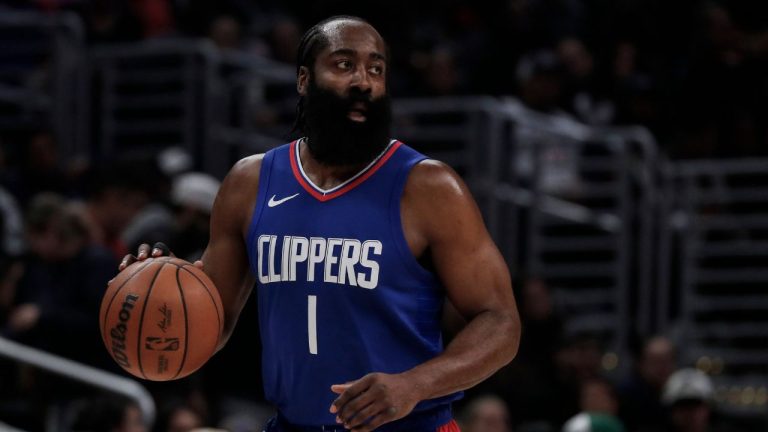 Los Angeles Clippers guard James Harden dribbles during to the first half of an NBA basketball game against the Utah Jazz, Friday, April 5, 2024, in Los Angeles. (Etienne Laurent/AP Photo)