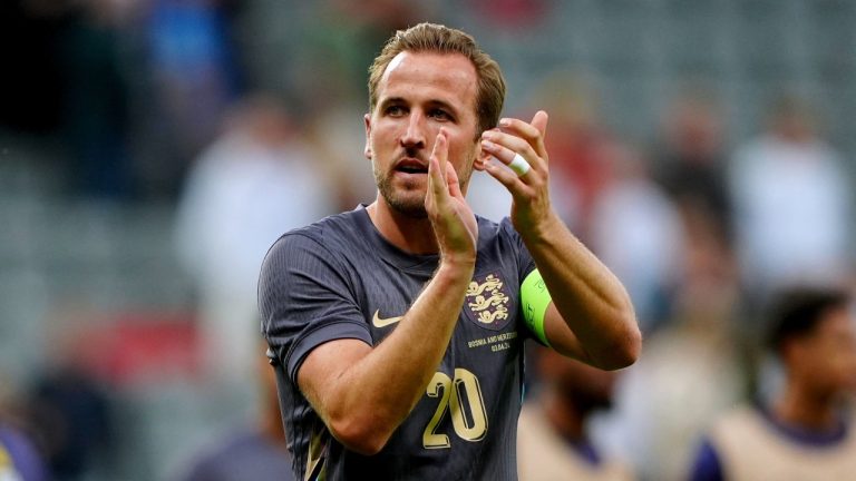 England's Harry Kane applauds to the fans after an international friendly soccer match between England and Bosnia and Herzegovina at St. James Park in Newcastle, England, Monday, June 3, 2024. (Owen Humphreys/PA via AP)