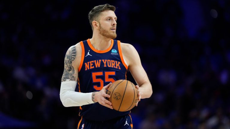 New York Knicks' Isaiah Hartenstein plays during Game 4 in an NBA basketball first-round playoff series, Sunday, April 28, 2024, in Philadelphia. (Matt Slocum/AP Photo)