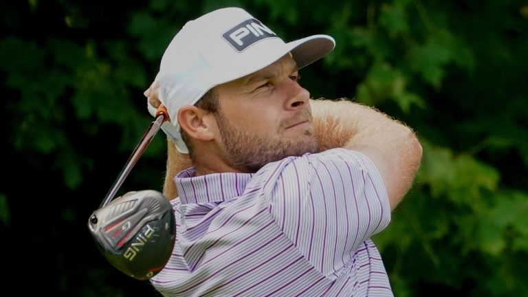 Tyrell Hatton, of England, tees off on the 12th hole during a practice round for the US Open Golf Championship, Wednesday, Sept. 16, 2020, in New York. (John Minchillo/AP Photo)