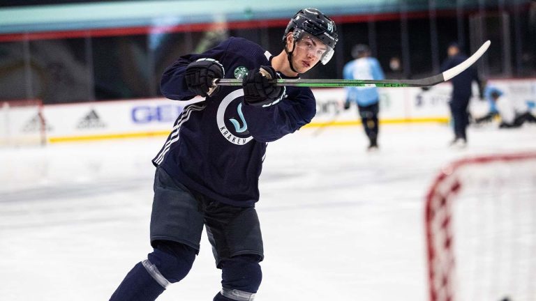 Seattle Kraken player Luke Henman (61) warms up during NHL hockey training camp at Kraken Community Iceplex on Thursday, Sept. 23, 2021, in Seattle. (Amanda Snyder/AP)