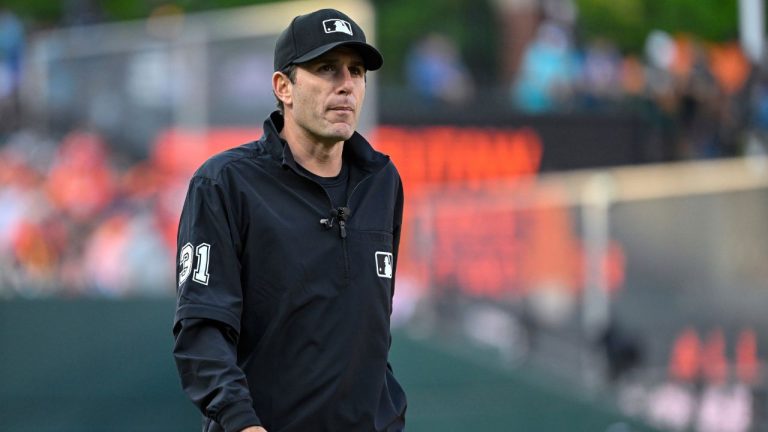 Umpire Pat Hoberg looks on during a baseball game between the Baltimore Orioles and the Los Angeles Angels, Wednesday, May 17, 2023, in Baltimore. (Terrance Williams/AP Photo)