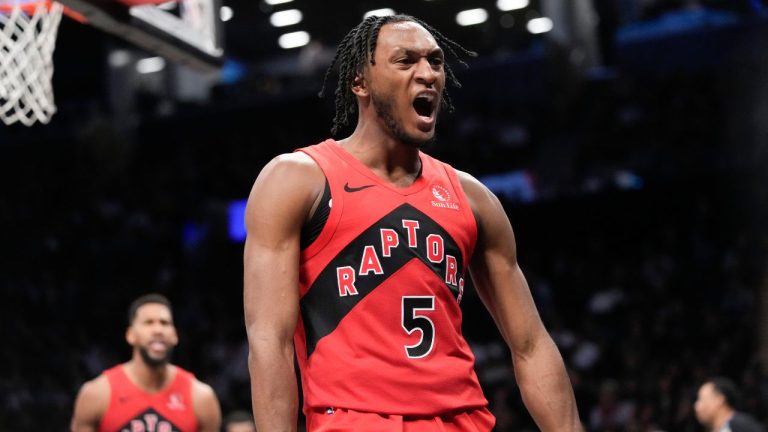 Toronto Raptors guard Immanuel Quickley reacts during the second half of an NBA basketball game Wednesday, April 10, 2024, in New York. (Mary Altaffer/AP Photo)