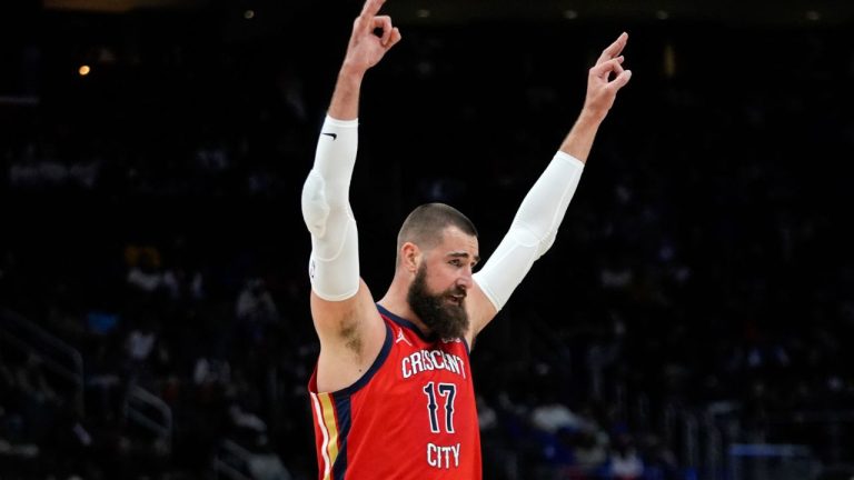 New Orleans Pelicans center Jonas Valanciunas (17) reacts to a basket against the Detroit Pistons in the first half of an NBA basketball game in Detroit, Sunday, March 24, 2024. (Paul Sancya/AP Photo)