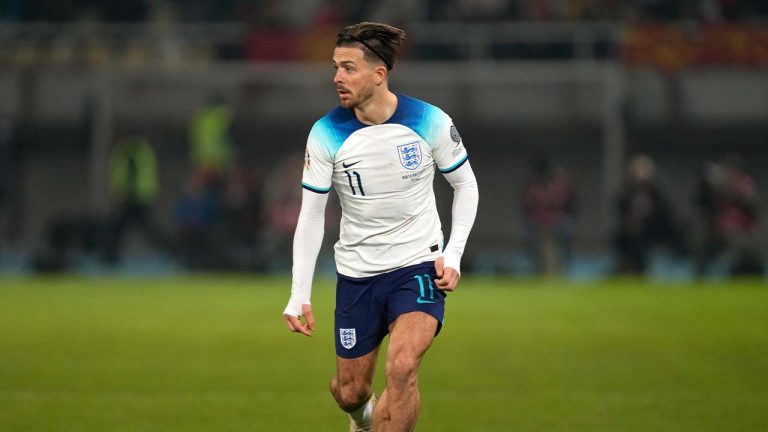 England's Jack Grealish during the Euro 2024 group C qualifying soccer match between North Macedonia and England at National Arena Todor Proeski in Skopje, North Macedonia, Monday, Nov. 20, 2023. (Darko Vojinovic/AP)