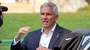 PGA Tour commissioner Jay Monahan gestures during an interview during the second round of The Players Championship golf tournament Friday, March 15, 2024, in Ponte Vedra Beach, Fla. (Lynne Sladky/AP)