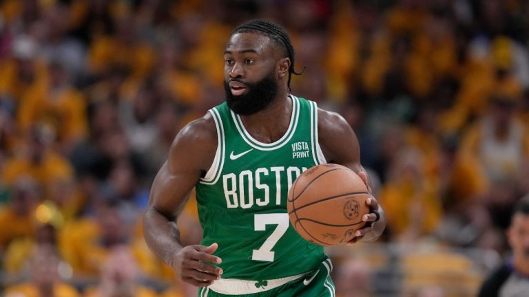 Boston Celtics guard Jaylen Brown (7) drives up court during the first half of Game 4 of the NBA Eastern Conference basketball finals against the Indiana Pacers, Monday, May 27, 2024, in Indianapolis. (Michael Conroy/AP)