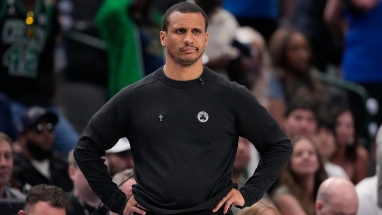 Boston Celtics head coach Joe Mazzulla watches play during the second half in Game 4 of the NBA basketball finals against the Dallas Mavericks, Friday, June 14, 2024, in Dallas. (AP Photo/Julio Cortez)