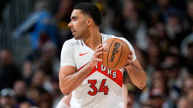 Toronto Raptors center Jontay Porter in the first half of an NBA game Monday, March 11, 2024, in Denver. (David Zalubowski/AP)