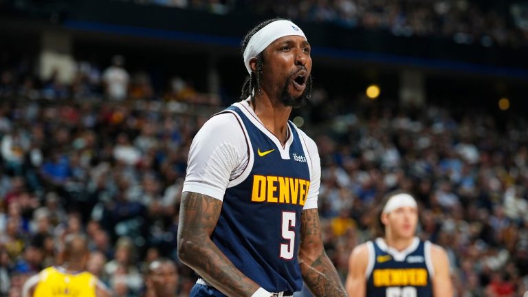 Denver Nuggets guard Kentavious Caldwell-Pope (5) in the second half of Game 5 of an NBA basketball first-round playoff series Monday, April 29, 2024, in Denver. (David Zalubowski/AP Photo)