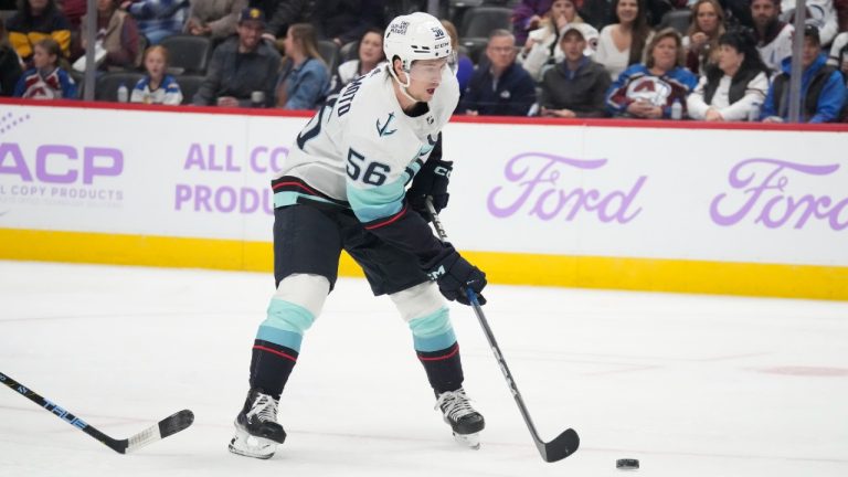 Seattle Kraken right wing Kailer Yamamoto (56) in the second period of an NHL hockey game Thursday, Nov. 9, 2023, in Denver. (David Zalubowski/AP)