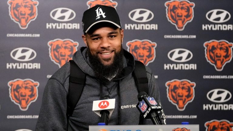 Chicago Bears wide receiver Keenan Allen smiles as he listens to reporters during a news conference following practice at the NFL football teams minicamp in Lake Forest, Ill., Tuesday, June 4, 2024. (Nam Y. Huh/AP)