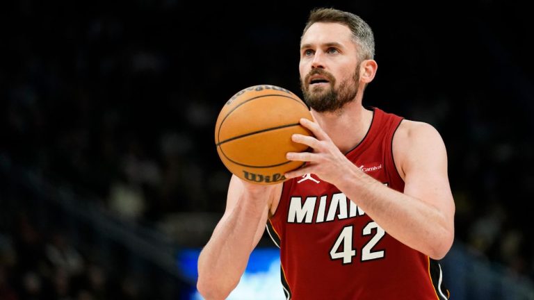 Miami Heat's Kevin Love shoots a free throw during the first half of an NBA basketball game against the Milwaukee Bucks Tuesday, Feb. 13, 2024, in Milwaukee. (Aaron Gash/AP Photo)