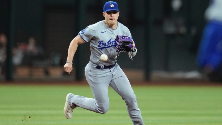 Los Angeles Dodgers third baseman Kiké Hernández chases down a grounder during the fourth inning of a baseball game Wednesday, May 1, 2024, in Phoenix. (Ross D. Franklin/AP)