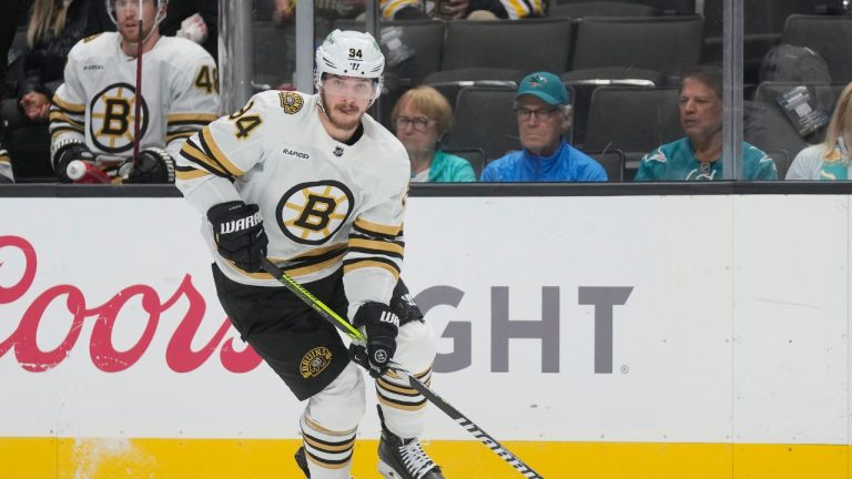 Boston Bruins centre Jakub Lauko during an NHL hockey game against the San Jose Sharks in San Jose, Calif., Thursday, Oct. 19, 2023. (Jeff Chiu/AP Photo)