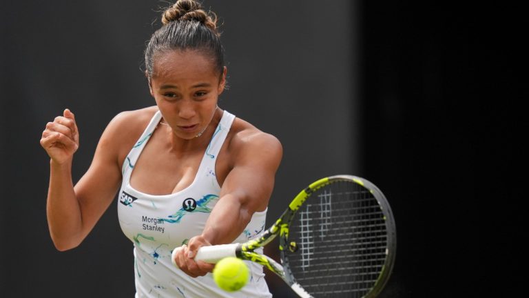 Canada's Leylah Fernandez in action against Switzerland's Viktorija Golubic in their women's singles match on day five of the Rothesay Classic Birmingham at Edgbaston Priory Club, Birmingham, England, Wednesday June 19, 2024. (Jacob King/PA via AP)