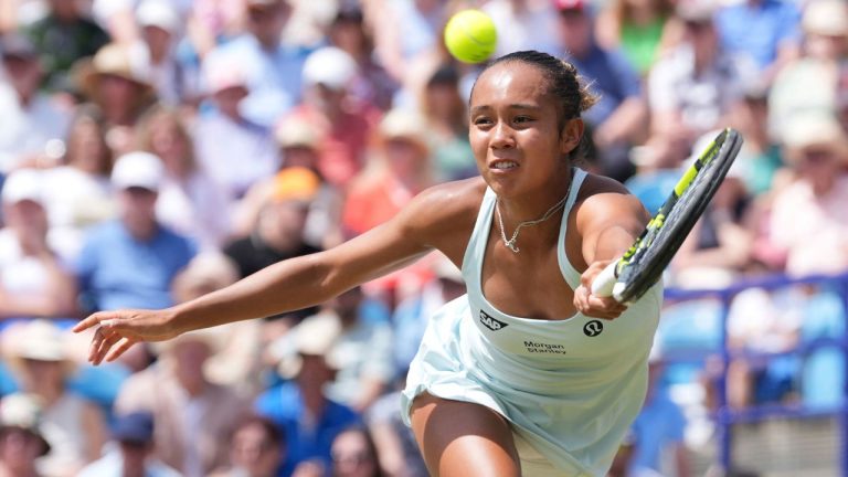 Canada's Leylah Fernandez in action against Russia's Daria Kasatkina on day eight of the Rothesay Eastbourne International at Devonshire Park, Eastbourne, England, Saturday June 29, 2024. (Gareth Fuller/PA via AP)