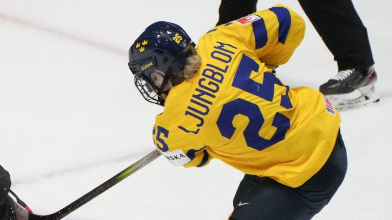 Lina Ljungblom takes a shot during the third period at the IIHF Women's World Hockey Championship. CP/Christinne Muschi