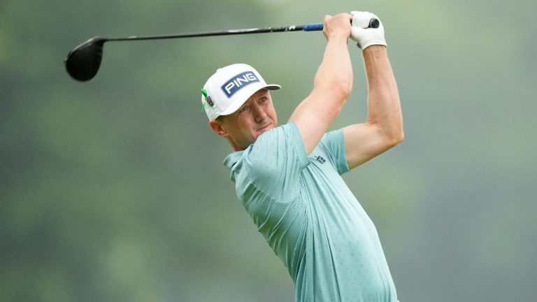 Mackenzie Hughes, of Dundas, Ont., tees off on the fourth hole during the final round of the Canadian Open in Hamilton, Ont., Sunday, June 2, 2024. THE CANADIAN PRESS/Nathan Denette