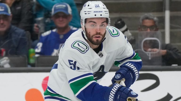 Vancouver Canucks defenseman Mark Friedman (51) during an NHL hockey game against the San Jose Sharks in San Jose, Calif., Thursday, Nov. 2, 2023. (AP Photo/Jeff Chiu)