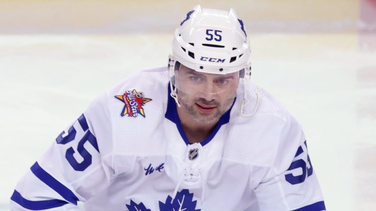 Toronto Maple Leafs' Mark Giordano skates during a game against his old team, the Calgary Flames, Jan. 18, 2024. (The Canadian Press Images/Larry MacDougal)