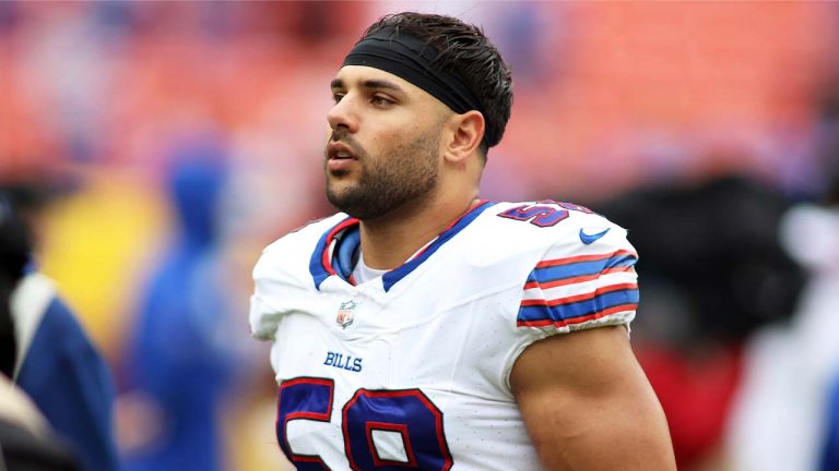 Buffalo Bills linebacker Matt Milano (58) pictured after an NFL football game against the Washington Commanders, Sunday, September 24, 2023 in Landover, Maryland. (Daniel Kucin Jr./AP)