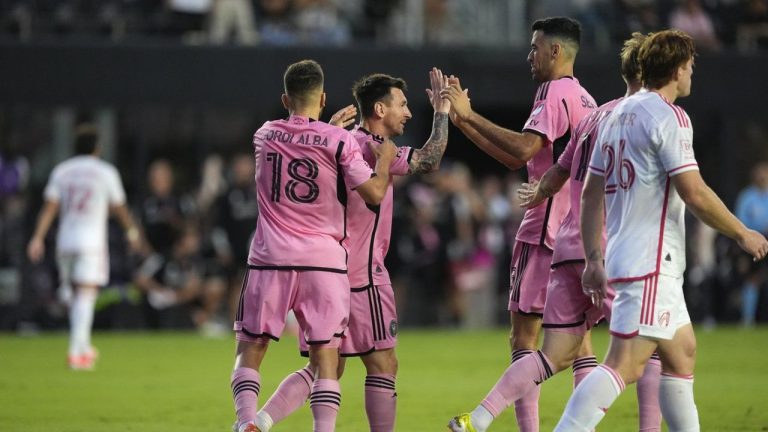 Inter Miami forward Lionel Messi celebrates his goal against St. Louis City with defender Jordi Alba and midfielder Sergio Busquets during the first half of an MLS soccer match Saturday, June 1, 2024, in Fort Lauderdale, Fla. (Rebecca Blackwell/AP Photo)
