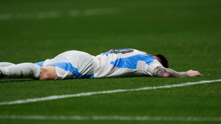 Argentina's Lionel Messi reacts after missing a chance to score during a Copa America Group A soccer match against Canada in Atlanta, Thursday, June 20, 2024. (Mike Stewart/AP)