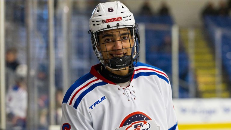 Defenceman EJ Emery ahead of the Chipotle All-American Game in January 2024. (Photo by Michael Miller/ISI Photos/Getty Images)