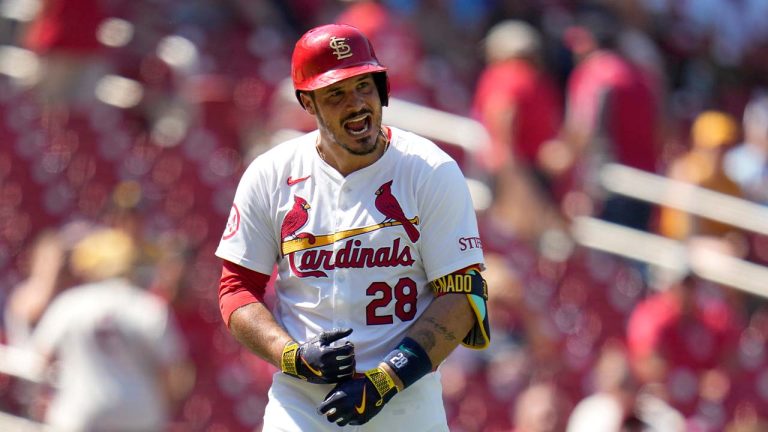 St. Louis Cardinals' Nolan Arenado reacts after striking out during the eighth inning of a baseball game against the Pittsburgh Pirates Thursday, June 13, 2024, in St. Louis. (Jeff Roberson/AP)