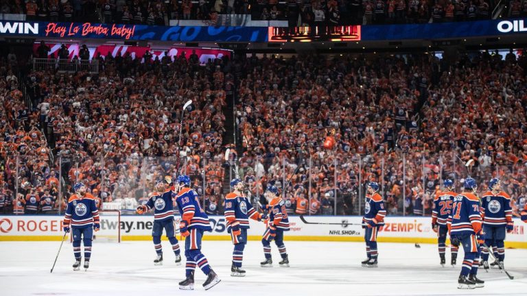 Edmonton Oilers players celebrate the win over the Florida Panthers following Game 6 action of the NHL Stanley Cup final in Edmonton on Friday, June 21, 2024. (Jason Franson/CP Photo)