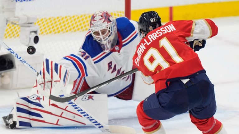 Florida Panthers' Oliver Ekman-Larsson attempts a shot at New York Rangers' Igor Shesterkin in Game 3 of the Eastern Conference finals. May 26, 2024. (AP Photo/Wilfredo Lee)