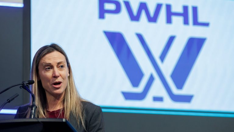 Jayna Hefford, PWHL's senior vice president of hockey operations speaks ahead of the PWHL Toronto team opening the Toronto Stock Exchange in Toronto, Friday, Jan. 12, 2024. THE CANADIAN PRESS/Cole Burston