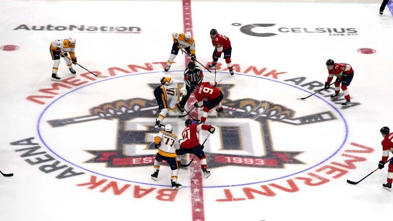 The Amerant Bank Arena logo is displayed on the ice during a preseason NHL hockey game between the Florida Panthers and the Nashville Predators, Monday, Sept. 25, 2023, in Sunrise, Fla. (Lynne Sladky/AP)