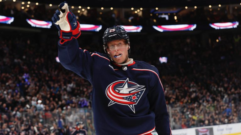 Columbus Blue Jackets' Patrik Laine celebrates his goal against the Seattle Kraken during the second period of an NHL hockey game Friday, March 3, 2023, in Columbus, Ohio. (Jay LaPrete/AP)