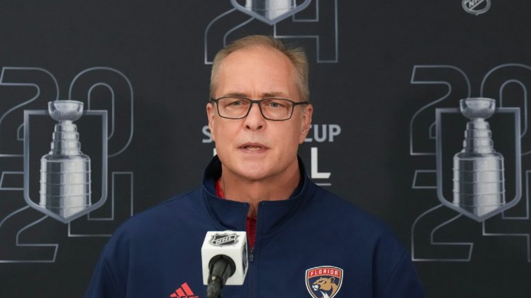 Florida Panthers coach Paul Maurice speaks to the media following game 1 of the NHL Stanley Cup final against the Edmonton Oilers in Fort Lauderdale, Fla., Sunday, June 9, 2024. (Nathan Denette/CP)