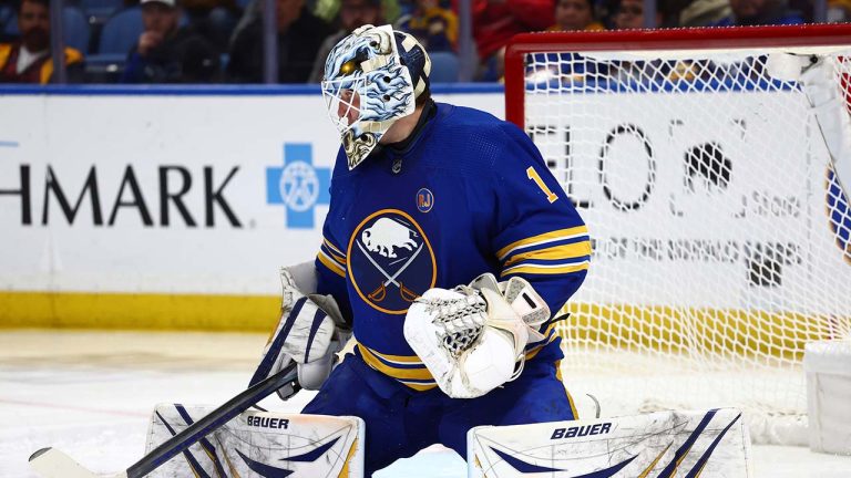 Buffalo Sabres goaltender Ukko-Pekka Luukkonen makes a pad save during the second period of the team's NHL hockey game against the Washington Capitals on Thursday, April 11, 2024, in Buffalo, N.Y. (Jeffrey T. Barnes/AP)