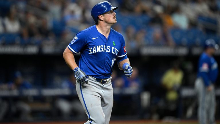 Kansas City Royals' Hunter Renfroe (16) runs after hitting a pitch during the eleventh inning of a baseball game against the Tampa Bay Rays, Saturday, May 25, 2024, in St. Petersburg, Fla. (Phelan M. Ebenhack/AP)