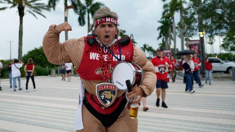 Rob Veglia of Palm Beach Gardens arrives at FLA Live Arena for Game 4 of the NHL hockey Stanley Cup Finals between the Florida Panthers and the Vegas Golden Knights, Saturday, June 10, 2023, in Sunrise, Fla. (AP/Lynne Sladky)