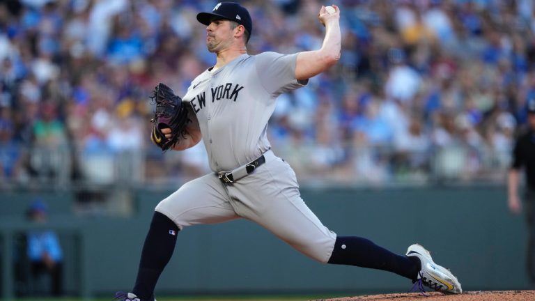 New York Yankees starting pitcher Carlos Rodón throws during the first inning of a baseball game against the Kansas City Royals Monday, June 10, 2024, in Kansas City, Mo. (Charlie Riedel/AP)