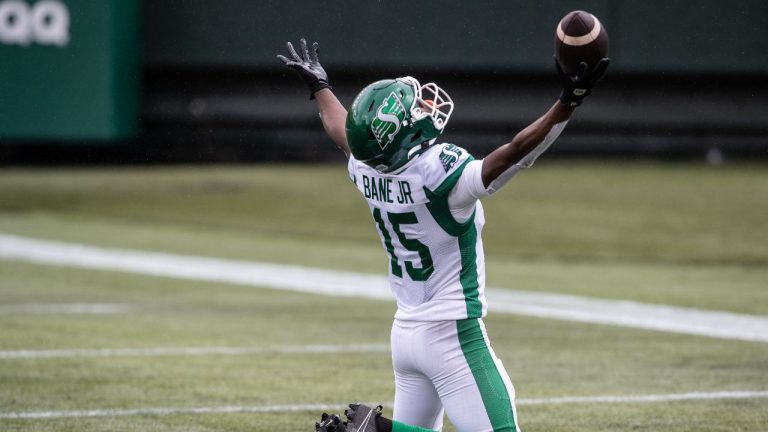 Saskatchewan Roughriders' Shawn Bane Jr. celebrates a touchdown against the Edmonton Elks during first half CFL action in Edmonton, Alta., on Saturday June 8, 2024. (Jason Franson/CP Photo)