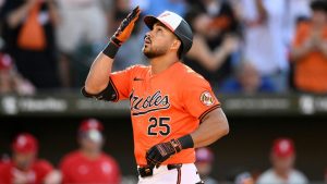 Baltimore Orioles' Anthony Santander celebrates his two-run home run during the eighth inning of a baseball game against the Philadelphia Phillies, Saturday, June 15, 2024, in Baltimore. (Nick Wass/AP Photo)